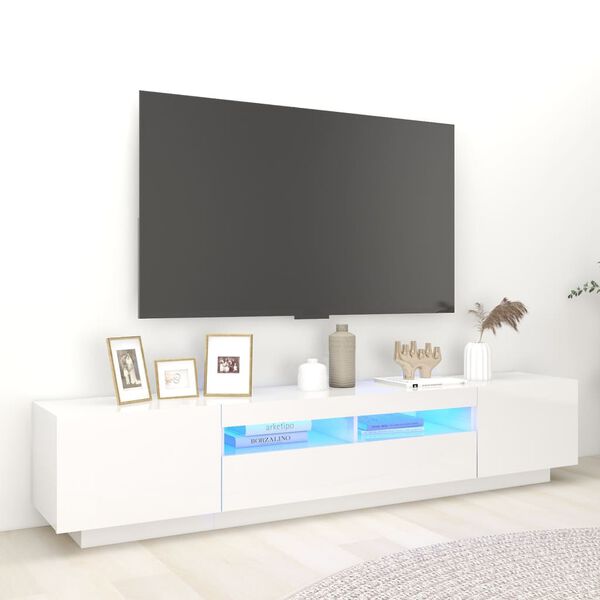 vidaXL TV-benk med LED-lys h&oslash;yglans hvit 200x35x40 cm