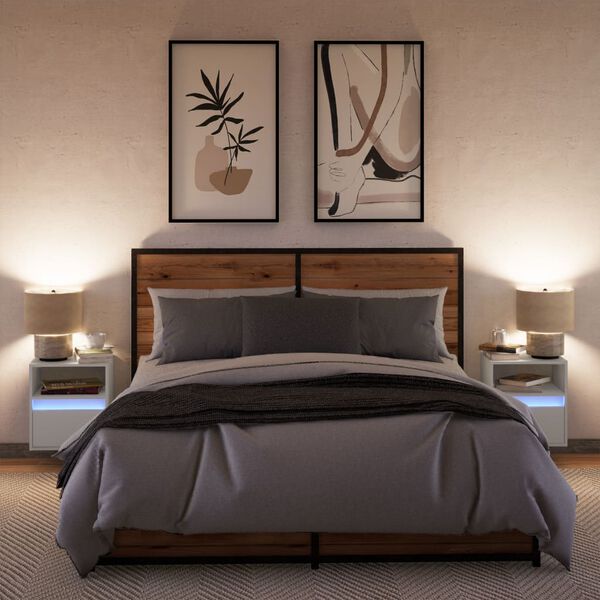 vidaXL Vegghengte nattbord med LED-lys 2 stk hvit