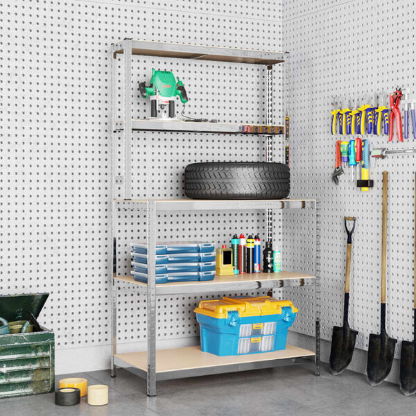 vidaXL Arbeidsbord med hyller 5 lag sølv stål og konstruert tre