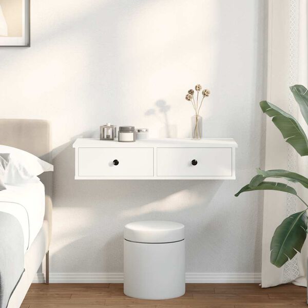 vidaXL Vegghylle med skuffer hvit 80x34x17 cm konstruert tre