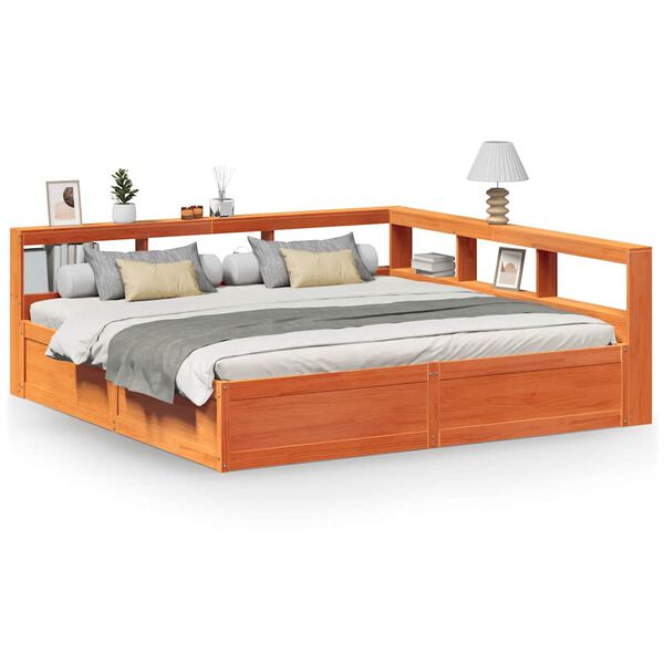 vidaXL Seng med bokhylle uten madrass voksbrun 180x200 cm heltre furu