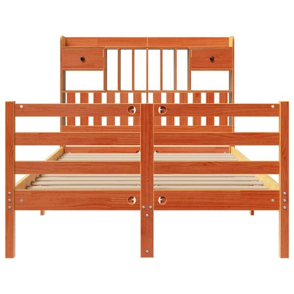 vidaXL Seng med bokhylle uten madrass voksbrun 135x190 cm heltre furu