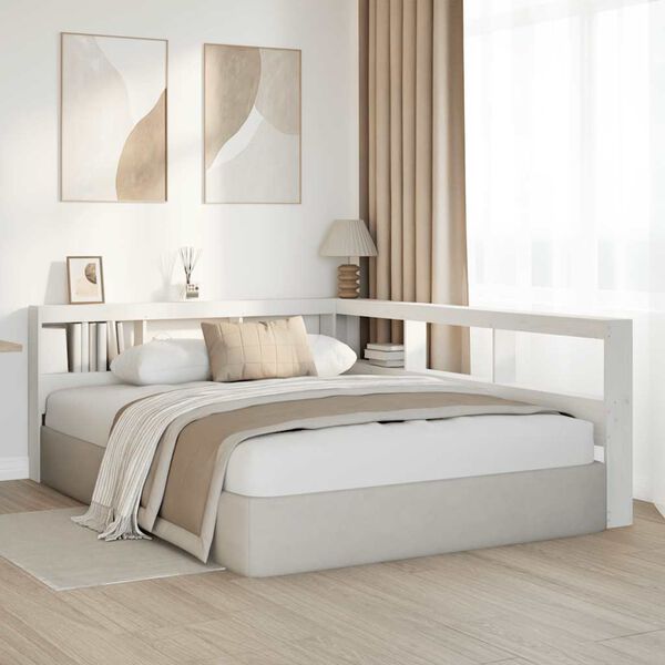 vidaXL Bokhylle sengegavl L-formet hvit 140 cm heltre furu