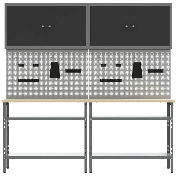 vidaXL Arbeidsbenksett med hylle med l&aring;s 8 pcs Gr&aring; Pulverlakkert st&aring;l