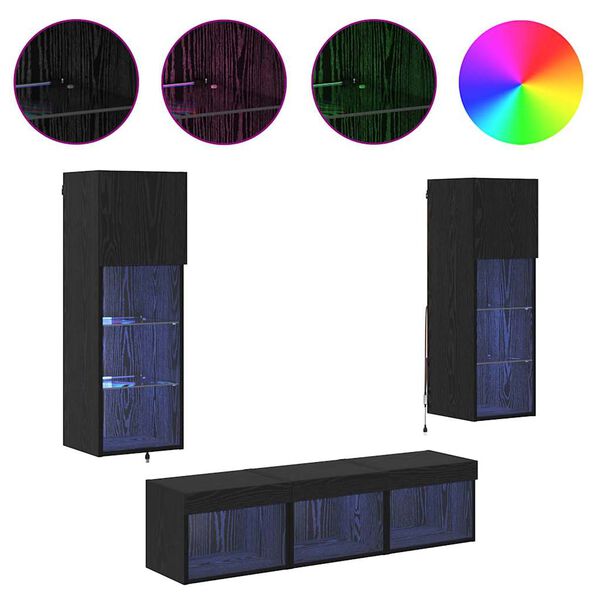 vidaXL TV Vegg Enheter Veggmontert 5 pcs Svart Eik Konstruert tre