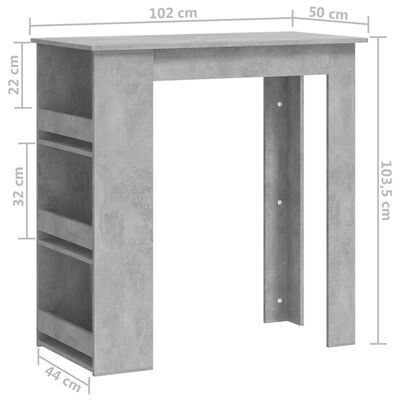 vidaXL Barbord med oppbevaringsstativ betonggrå 102x50x103,5 cm