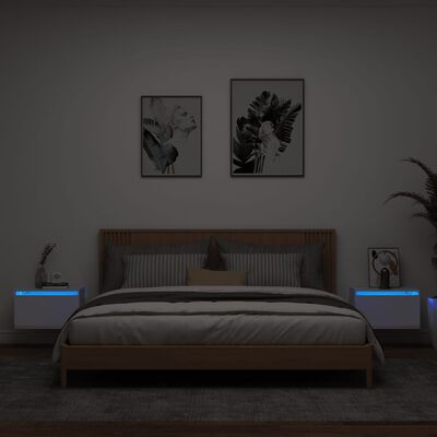 vidaXL Vegghengte nattbord med LED-lys 2 stk hvit