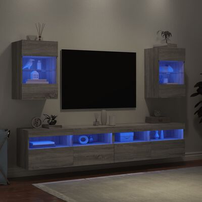 vidaXL Vegghengte TV-benker med LED-lys 2 stk grå sonoma 40x30x60,5 cm