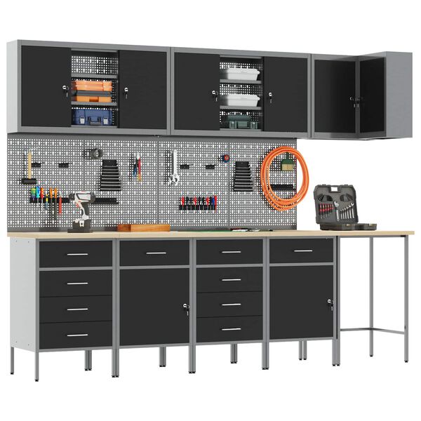 vidaXL Sett med arbeidskabinetter med skuff 12 pcs Svart og Gr&aring;