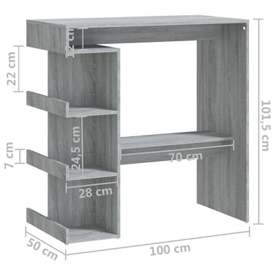 vidaXL Barbord oppbevaringsstativ grå eik 100x50x101,5 cm sponplate