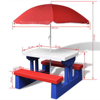 vidaXL Barns piknikbord med benker og parasoll flerfarget