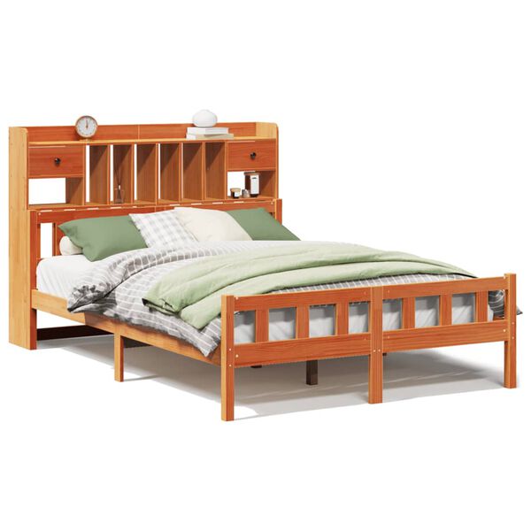 vidaXL Seng med bokhylle uten madrass voksbrun 150x200 cm heltre furu
