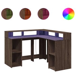 vidaXL Skrivebord med LED-lys brun eik 130x130x91 cm konstruert tre