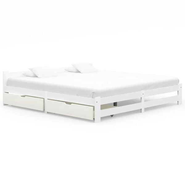 vidaXL Sengeramme med 2 skuffer hvit heltre furu 200x200 cm