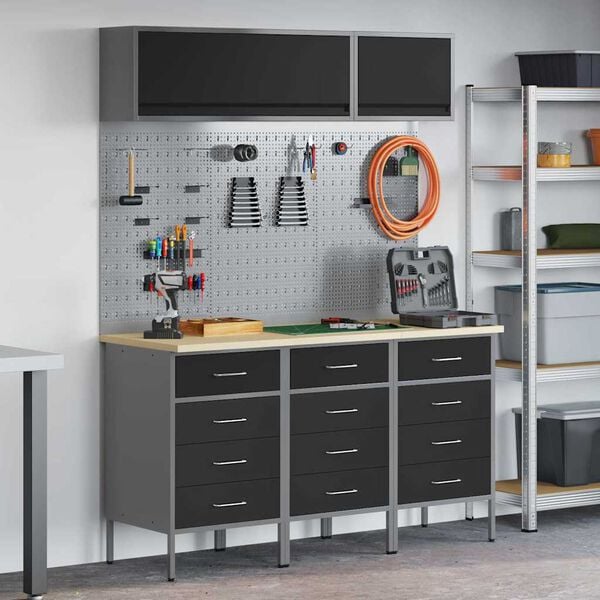 vidaXL Sett med arbeidskabinetter med skuff med lagring 8 pcs Svart