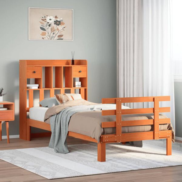 vidaXL Seng med bokhylle uten madrass voksbrun 75x190 cm heltre furu