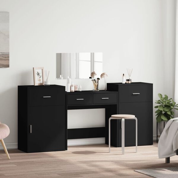 vidaXL Sminkebordsett 4 deler svart konstruert tre