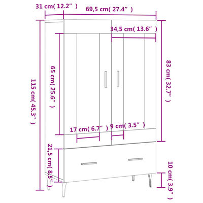 vidaXL Highboard høyglans hvit 69,5x31x115 cm konstruert tre