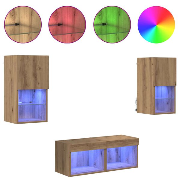 vidaXL TV Veggskap med LED -stripelys 4 pcs Artisan Eik Konstruert tre