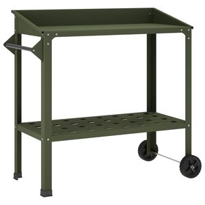 vidaXL Pottebord med hjul 96 x 50 x 89 cm Kaldvalsest&aring;l Olivengr&oslash;nn