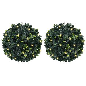 vidaXL Kunstige buksbomballer med LED-lys 2 stk gr&oslash;nn 22 cm