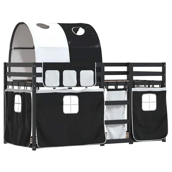 vidaXL K&oslash;yeseng med gardiner hvit og svart 90x190 cm heltre furu