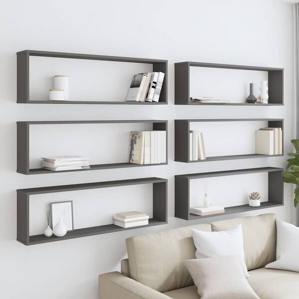 vidaXL Vegghyller kubeformet 6 stk gr&aring; 100x15x30 cm konstruert tre