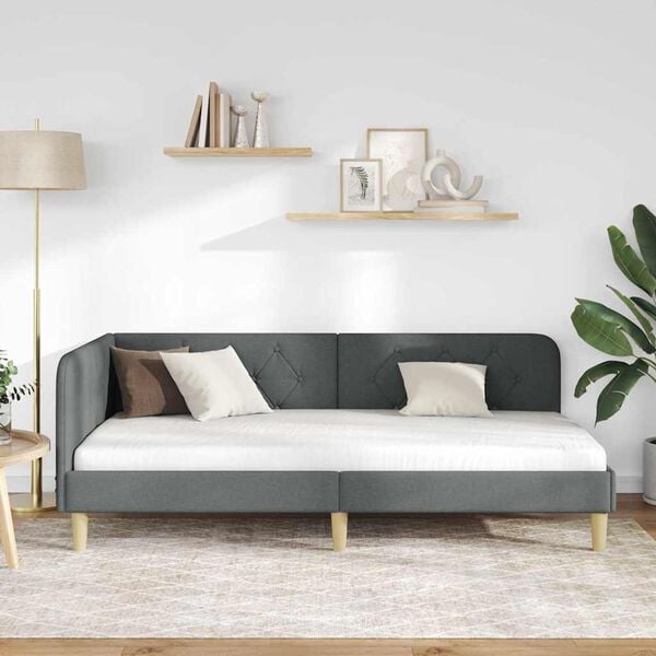 vidaXL Hjørnesengramme med hodegjerde Mørkegrå 90 x 190 cm stoff