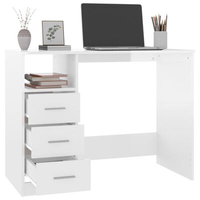 vidaXL Skrivebord med skuffer høyglans hvit 102x50x76cm konstruert tre