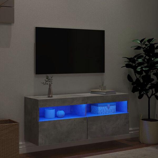 vidaXL Vegghengt TV-benk med LED-lys betonggr&aring; 100x30x40 cm