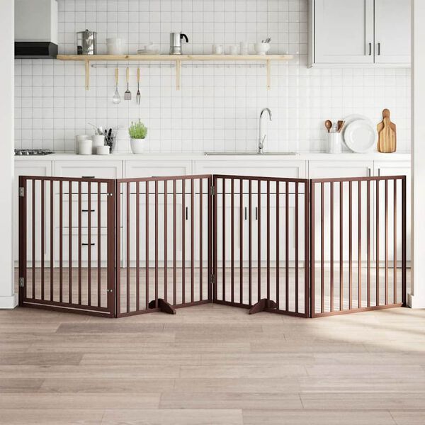 vidaXL Hundegrind med d&oslash;r sammenleggbar 4 paneler brun 320 cm poppeltre