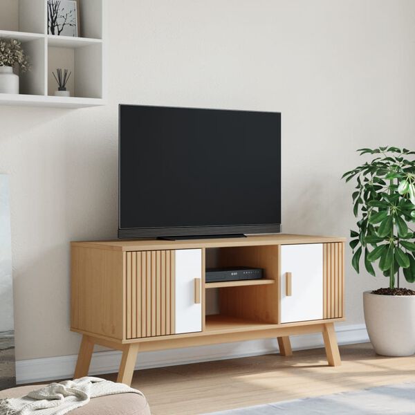 vidaXL TV-benk OLDEN hvit og brun 114x43x57 cm heltre furu