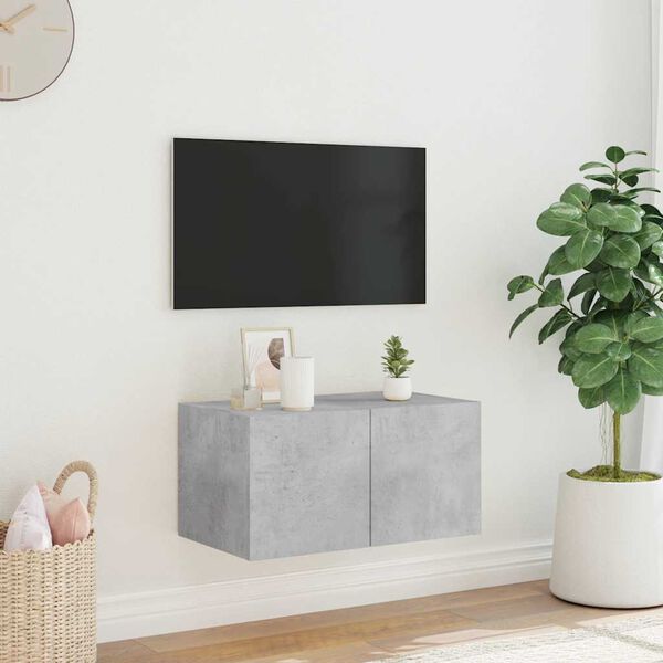 vidaXL Vegghengt TV-benk med LED-lys betonggr&aring; 60x35x31 cm