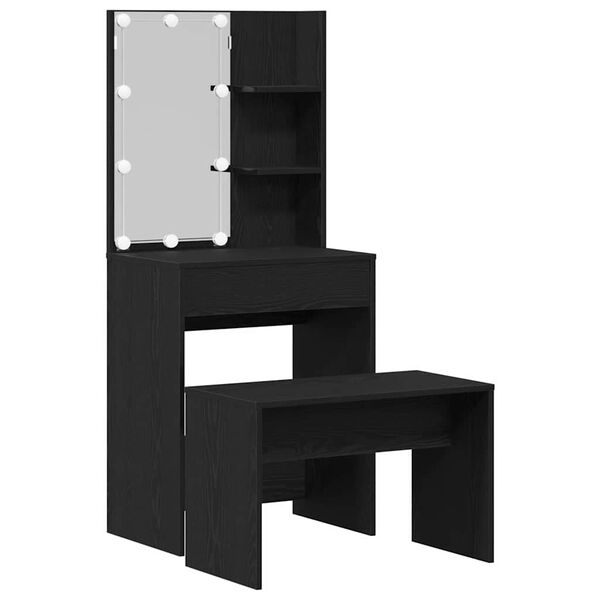 vidaXL LED Sminkebordsett med speillys 2 pcs Svart Eik Konstruert tre