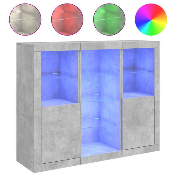 vidaXL Skjenker med LED-lys 3 stk betonggr&aring; konstruert tre