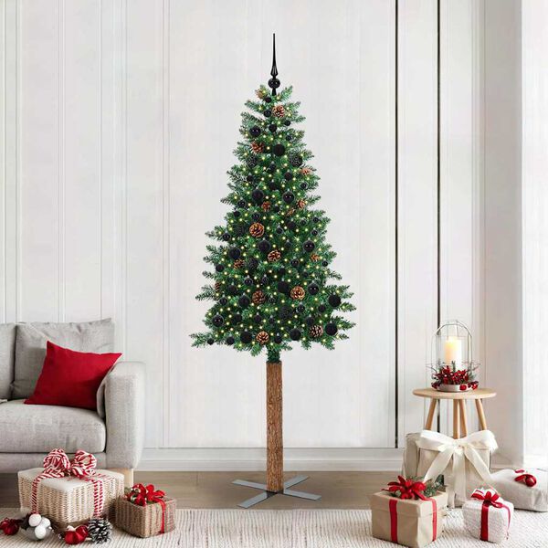 vidaXL Slim juletre med 300 LED grønn 210 cm PVC og Massivt Furu tre