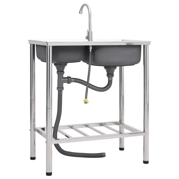 vidaXL Campingvask med dobbel kum og kran rustfritt st&aring;l