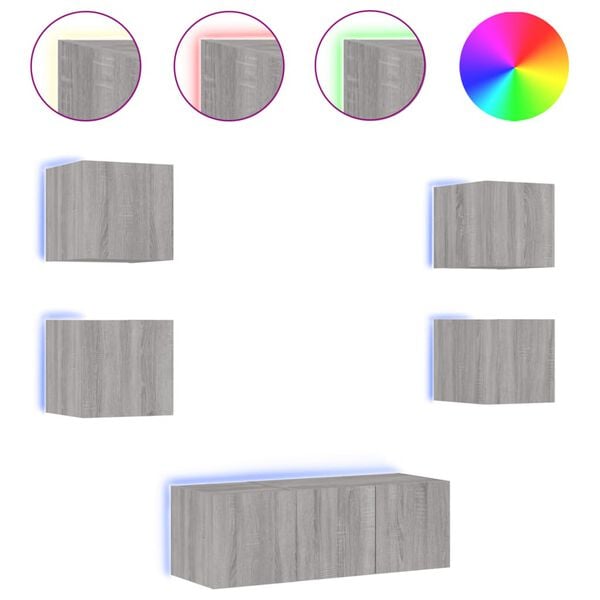 vidaXL Vegghengte TV-enheter med LED 6 deler gr&aring; sonoma konstruert tre