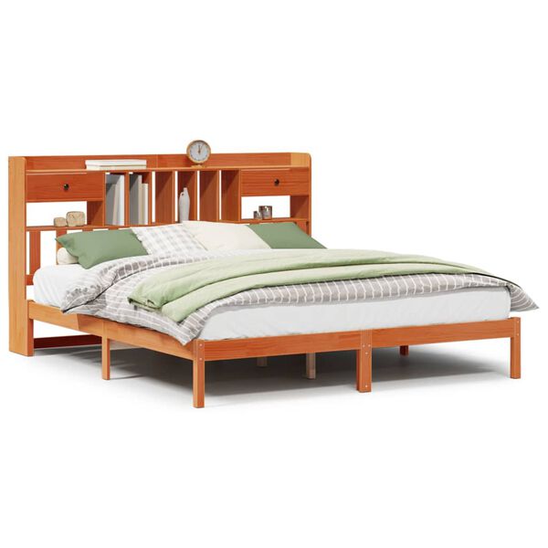 vidaXL Seng med bokhylle uten madrass voksbrun 180x200 cm heltre furu