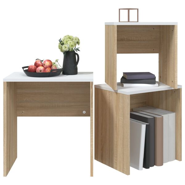 vidaXL Stablebare salongbord 3 stk hvit og sonoma eik konstruert tre