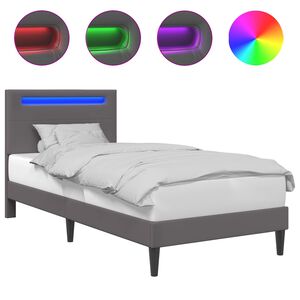 vidaXL Sengestamme med LED-lysstrimler Gr&aring; 90 x 190 cm Kunstl&aelig;r
