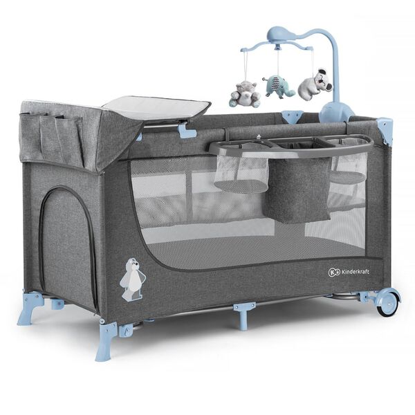 Kinderkraft Sammenleggbar babyseng med tilbeh&oslash;r JOY bl&aring; og gr&aring;