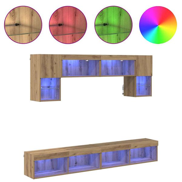 vidaXL TV veggenheter med LED 6 pcs Artisan Eik Konstruert tre