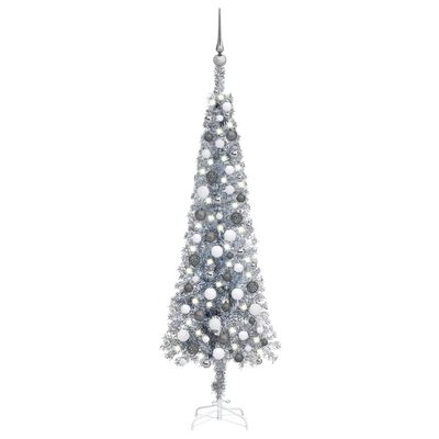 vidaXL Slankt juletre med LED og kulesett sølv 150 cm