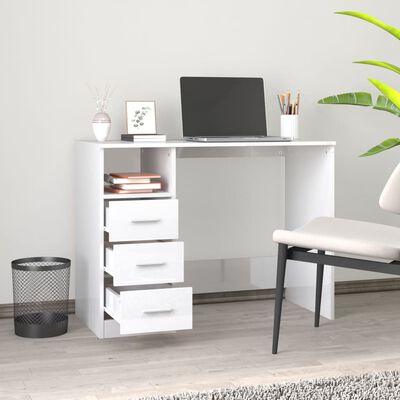 vidaXL Skrivebord med skuffer høyglans hvit 102x50x76cm konstruert tre