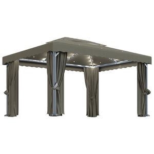 vidaXL Paviljong med gardin og LED-strenglys 4x3 m gråbrun