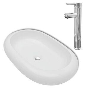 vidaXL Baderomsvask med kran keramisk oval hvit