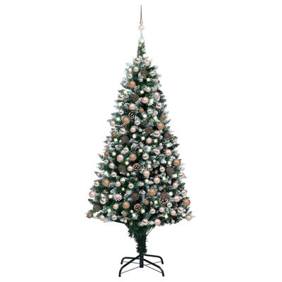 vidaXL Forhåndsbelyst kunstig juletre med kulesett og kongler 210 cm