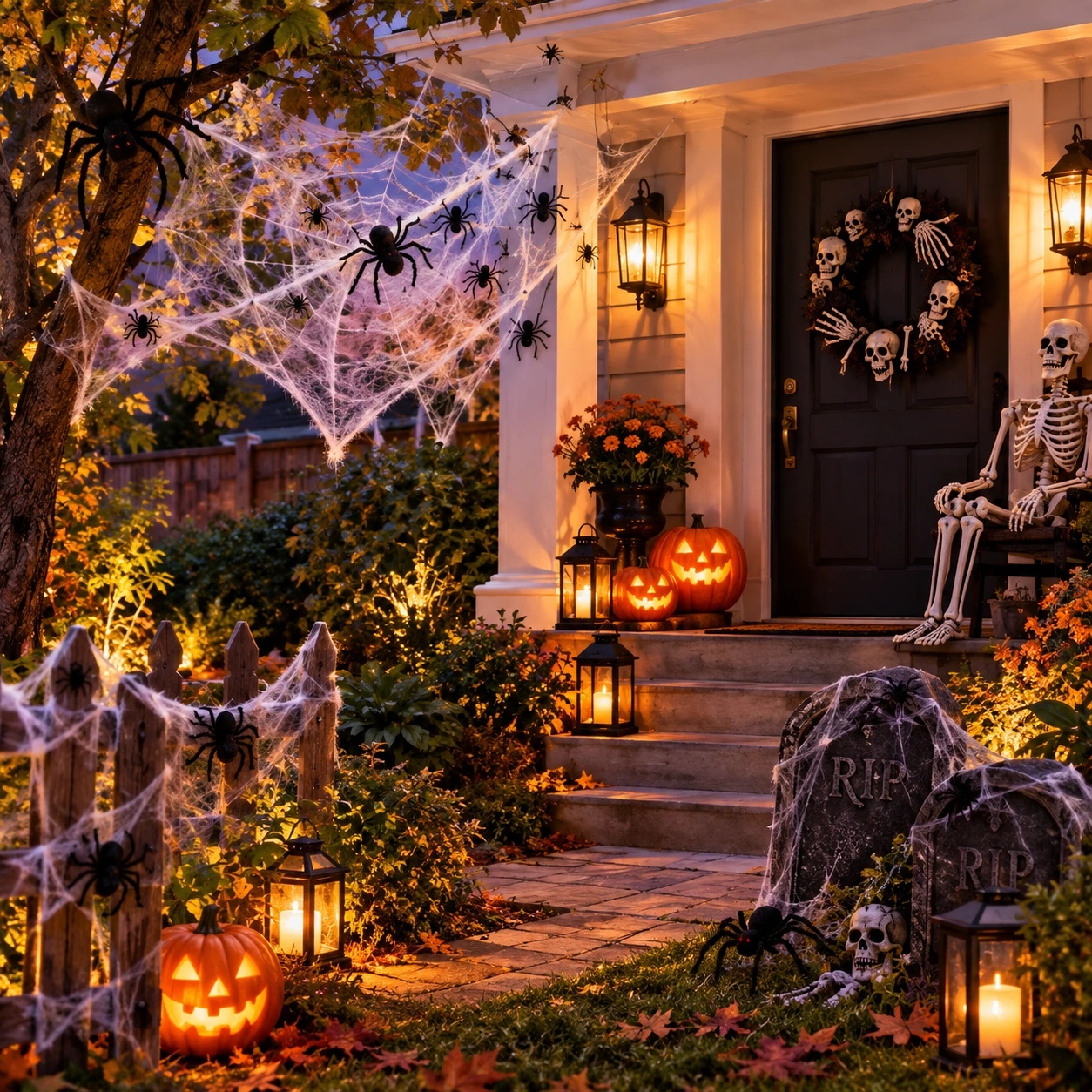 Halloweenveranda og hage med spindelvev, edderkopper og et skjelett