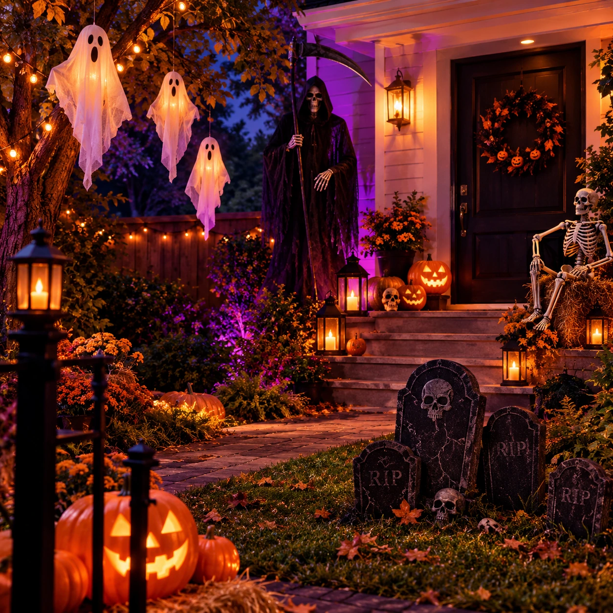 Halloweenhage med hengende spøkelser og mannen med ljåen